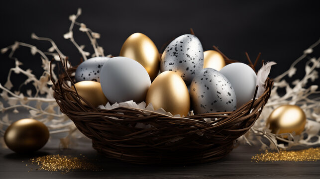 Happy easter colorfull eggs painted with gold design in neast