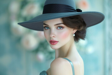 Portrait of beautiful young woman in vintage dress and hat of 19 century stylie