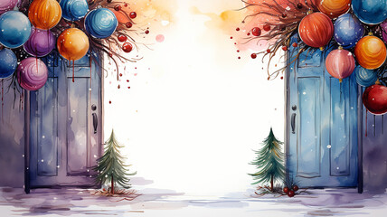 watercolor illustration christmas decorated door on white background, light, postcard greeting invitation