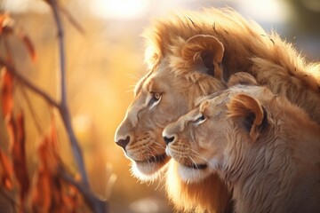 Naklejka premium two lions nuzzling in warm light