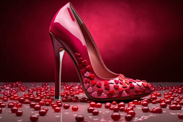 Red high heels shoes with hearts decoration. Valentine's Day concept.  - obrazy, fototapety, plakaty