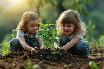 Children Planting Seedling, Young Gardeners at Work, Environmental Education, Joyful Eco Activity,...