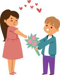 Young boy giving flowers to a girl, both smiling, hearts floating above, casual clothing. Romance and kids showing affection, friendship gesture vector illustration.