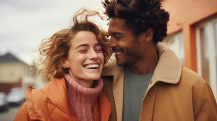 Happy multiethnic couple looking at each other and laughing on street.