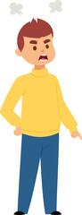 Angry young boy with steam coming out of ears. Child in yellow shirt and blue pants showing frustration. Emotional expression and childhood behavior vector illustration.