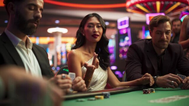 Portrait of a Glamorous Asian Woman at a Poker Gambling Table in Casino. Sensual Successful Lady Looks at the Camera Calls to Join her at the Table, Smiling while People Win. Slow Motion