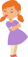 Redheaded girl with pigtails in a purple dress pouting. Young child showing displeasure, arms crossed. Cute toddler upset, behavior concept vector illustration.