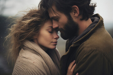 Portrait of young loving couple embracing each other in cold winter day.