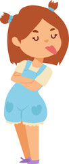 Young girl standing with arms crossed, pouting lips, displeased expression. Cartoon child shows attitude, stubbornness. Emotional kid, defiance concept vector illustration.