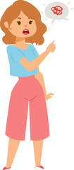 Woman pointing with a frustrated expression, thought bubble with no sign. Annoyed female gesturing, problem concept, restrictions vector illustration.