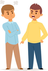 Two men arguing cartoon, one with arms crossed, another gesturing angrily. Conflict, disagreement, and emotions concept vector illustration.