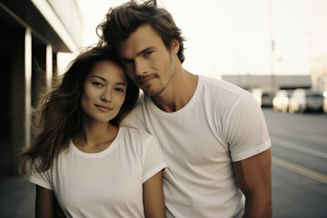 Portrait of a handsome young man and beautiful woman in white t-shirts.