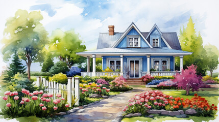 Fototapeta na wymiar Rural Charm: Cute Farmhouse Exterior in Watercolor