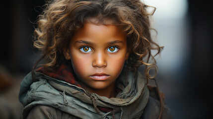 Portrait of African poor homeless sad child on city street