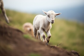 Fototapeta premium baby goat following its mother up a steep incline
