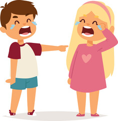Obraz premium Boy pointing and laughing at crying girl, children teasing and bullying. Cartoon kids in emotional distress vector illustration.