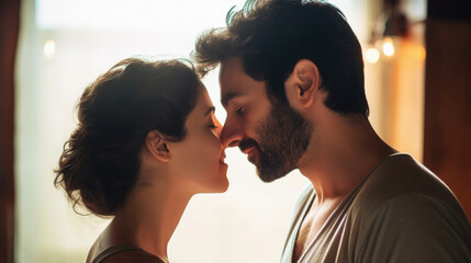 Close-up of a young couple in love kissing at home.