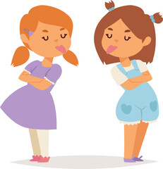 Two young girls with crossed arms expressing disagreement and sulking. Playful kids with pouting lips feeling stubborn vector illustration. Friendship issues, childhood emotions, kids conflict.