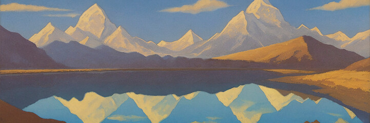 Fototapeta na wymiar High mountains. Beautiful landscape reflected in a mountain lake. Mountain landscape. Oil painting. Minimalism.