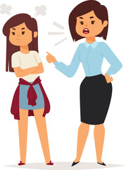 Angry mother scolding her teenage daughter at home. Young girl with arms crossed, frustrated with parent's lecture. Family conflict and adolescent challenges vector illustration.