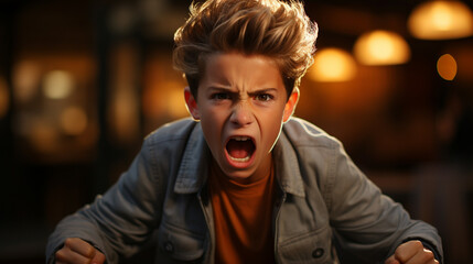 Angry irritated boy. Full of rage. Emotional portrait of an upset preteen boy screaming in anger. - obrazy, fototapety, plakaty
