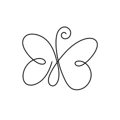 Continuous linear vector drawing of a butterfly, an icon on a white background is a modern one-line art. Vector illustration