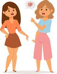 Two women arguing with one showing a prohibitive gesture and the other angry. Communication breakdown, misunderstanding conversation vector illustration.