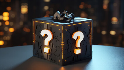 Mysterious gift box with question marks and golden bow on dark background with bokeh lights.