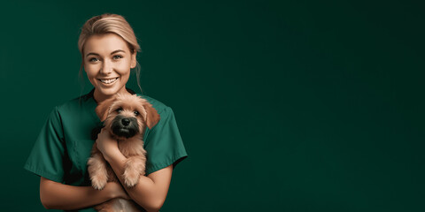 Blond Female Veterinarian in Green Scrubs Holding Dog - Compassionate Veterinary Care Concept