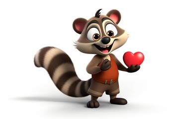 Obraz premium Cute pretty raccoon baby with red heart for birthday gift or valentine's day greeting card