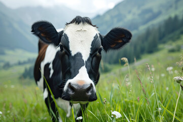 Holstein cow grazing in an alpine meadow against the backdrop of beautiful mountains close-up