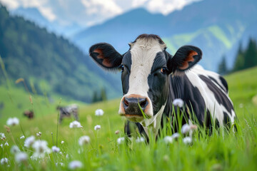 A Holstein cow lies on an alpine meadow against a background of beautiful mountains close-up