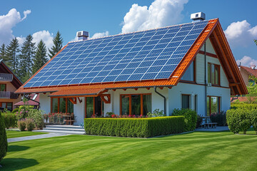 modern solar panels on the roof of a modern country house in the countryside or city suburbs