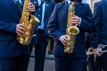 Fototapeta premium Wind instrument music band making music on the street.