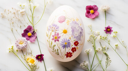 White Easter egg delicately decorated with real pressed flowers