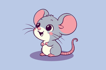 Cute little cartoon mouse rat on a blue background. Vector illustration, icon. isolated object