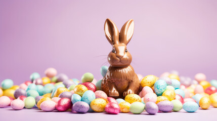 A chocolate Easter bunny on a pile of Easter egg candies