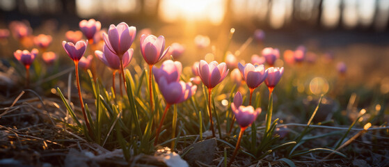 Beautiful crocuses in the rays of the setting sun.