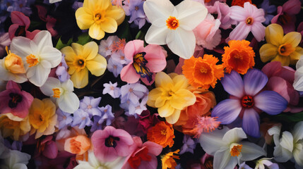 Variety of spring flowers in a flower shop. Floral background.