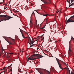 Watercolor seamless pattern with garden flowers. Vintage spring or summer floral pattern. Flower seamless pattern. Botanical art. Wedding floral set. Watercolor botanical design.	