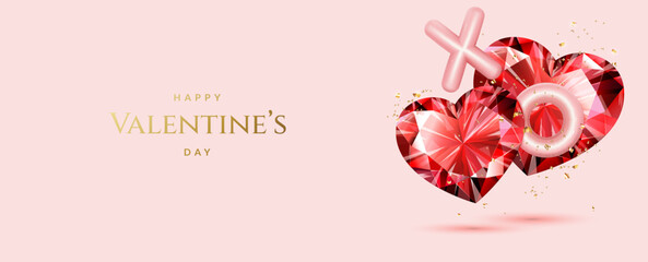 Romantic Valentine's Day background with red diamond pair of hearts.