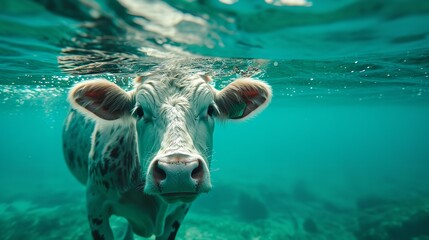 Cow splashing and swimming near a flash-equipped camera, Generative AI.