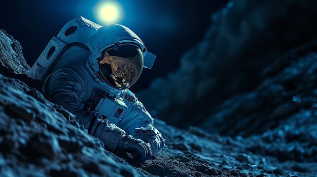 Fantasy image of a astronaut in other planet with neon light and copy space, Generative AI.