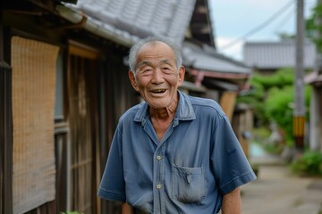 和風の家に暮らす日本の笑顔のおじいちゃん（田舎・終活・実家）