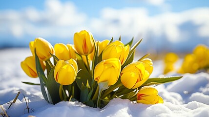 Yellow tulips in the snow on a bright sunny day. A festive banner, a postcard with a place for the text. Mother's Day, International Women's Day, Birthday, March 8, Valentine's Day. A place to copy