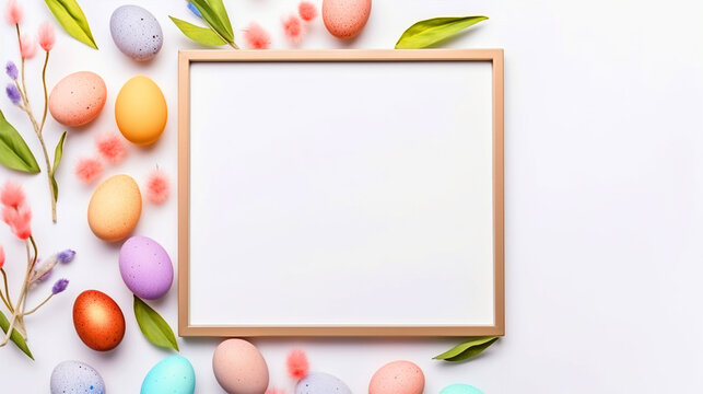 Happy Easter concept frame with colorful easter elements - ai generative
