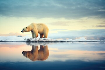 lone polar bear standing at the edge of an ice floe at dusk - obrazy, fototapety, plakaty