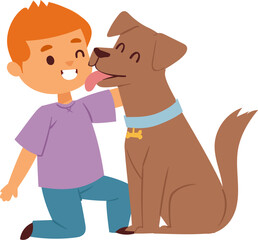 Young boy kneeling beside a brown dog, the dog licking the boy's face happily. Child and pet bonding, love between animals and kids vector illustration.