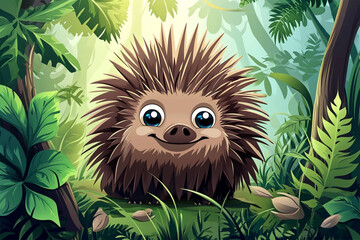 cartoon stail of a porcupine in the forest - obrazy, fototapety, plakaty