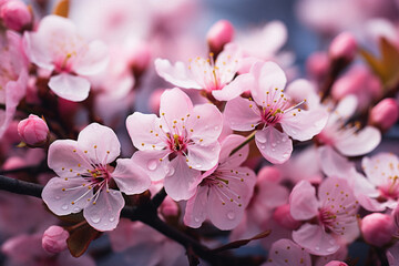 Beautiful blooming branches of cherry tree on blurred background, closeup.